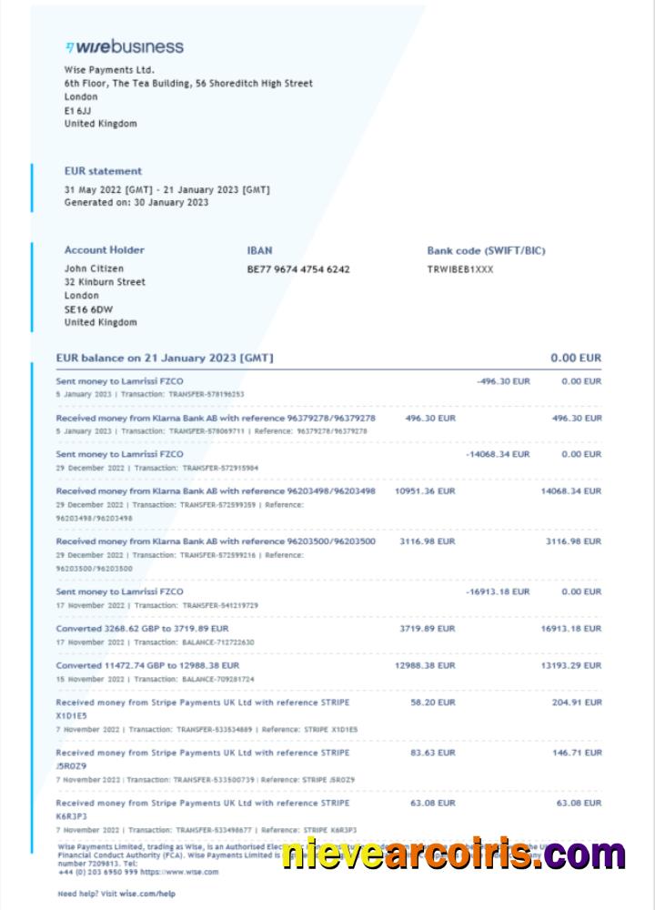 United Kingdom Wise Business bank statement Word and PDF